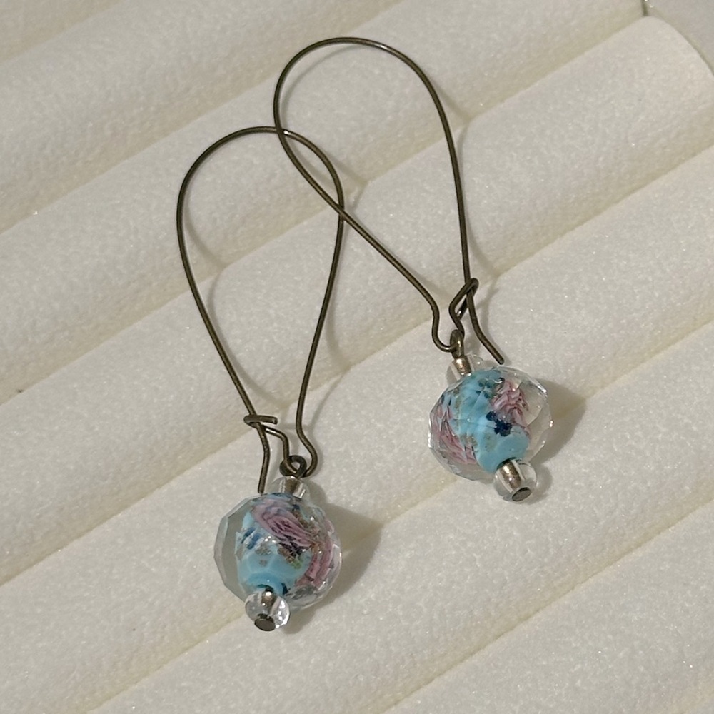 Handmade Burnished Brass Blue & Pink Rose Drop Earrings Kidney Wires Boho Look - Picture 3 of 6